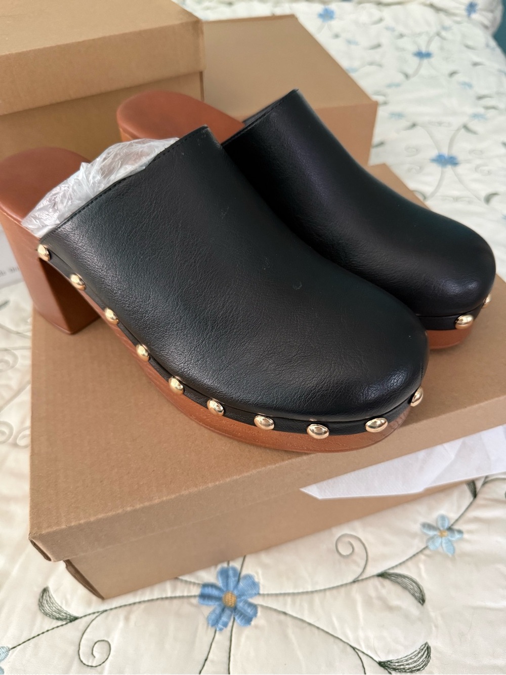 Black Faux Leather Studded Clog / Mules